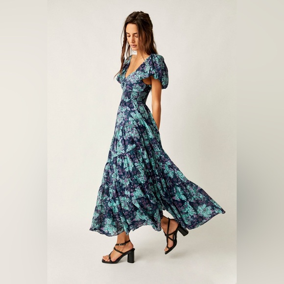 Free People Floral Sundrenched Short Sleeve Maxi Dress Navy Blue Green Size M - Picture 15 of 15